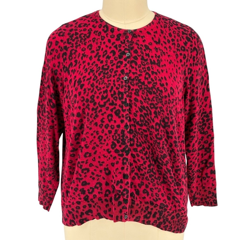 Croft & Barrow Cardigan Red Leopard Print 100% Cotton 1X